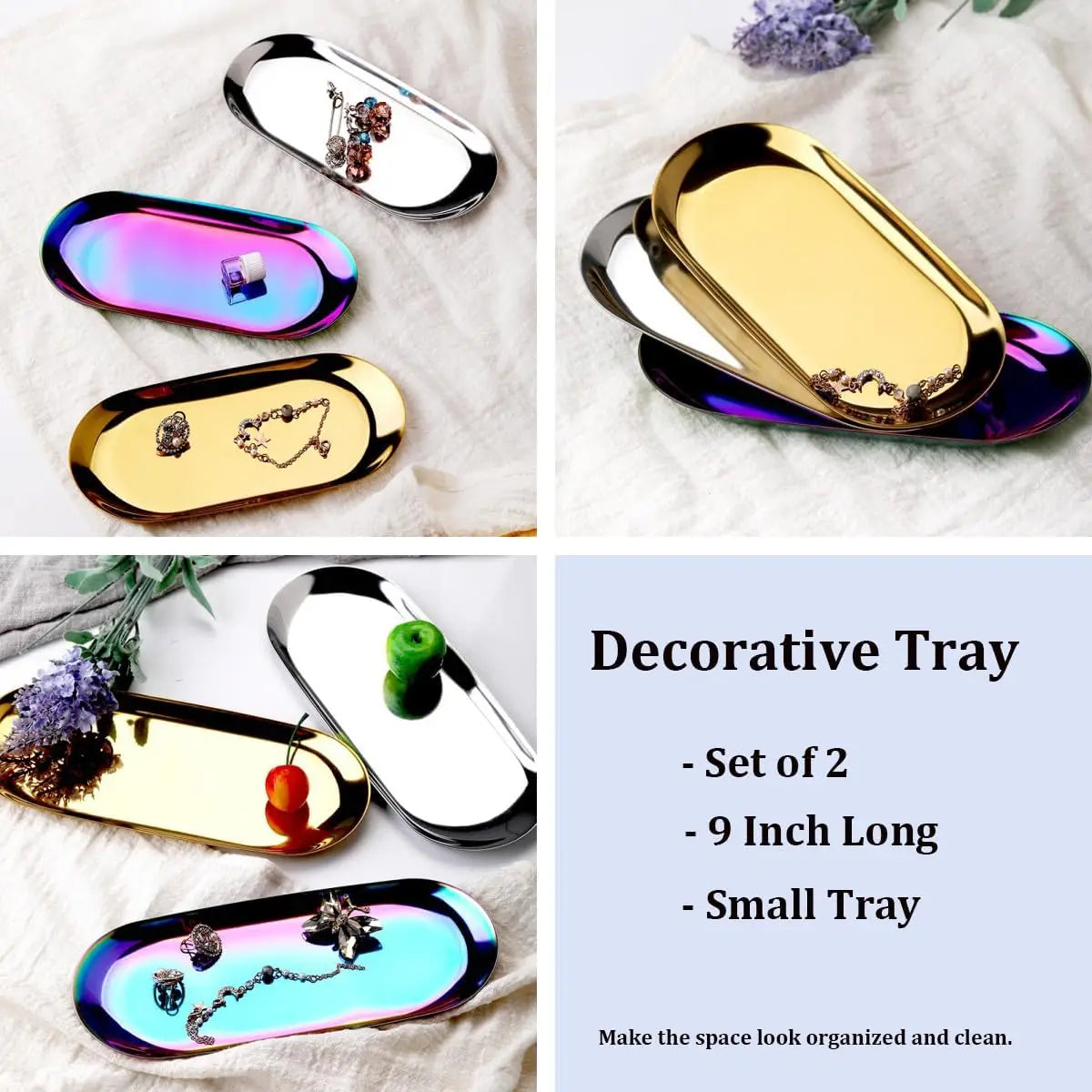 [Hot Deal!]Stainless Steel Decorative Tray, Set of 2, 9 Inch Long, Jewelry Dish Cosmetics Organizer Bathroom Clutter Serving Pla