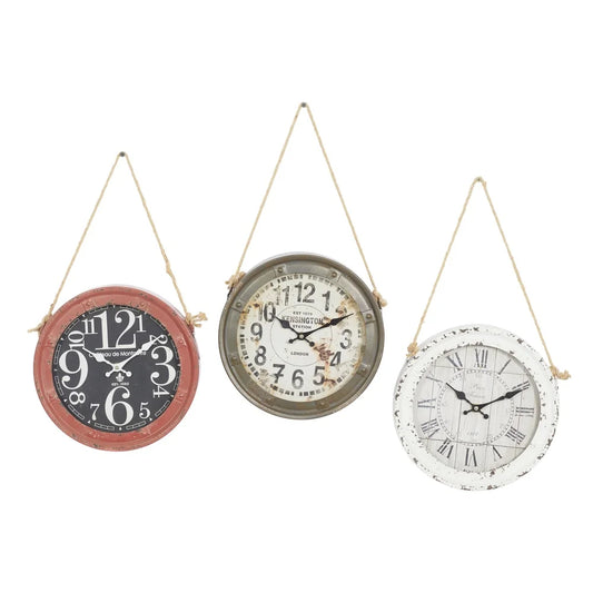 Vintage 11 Inch White Metal Wall Clock Set of 3 with Rope Accents Silent Mechanism Home Decor Indoor Use