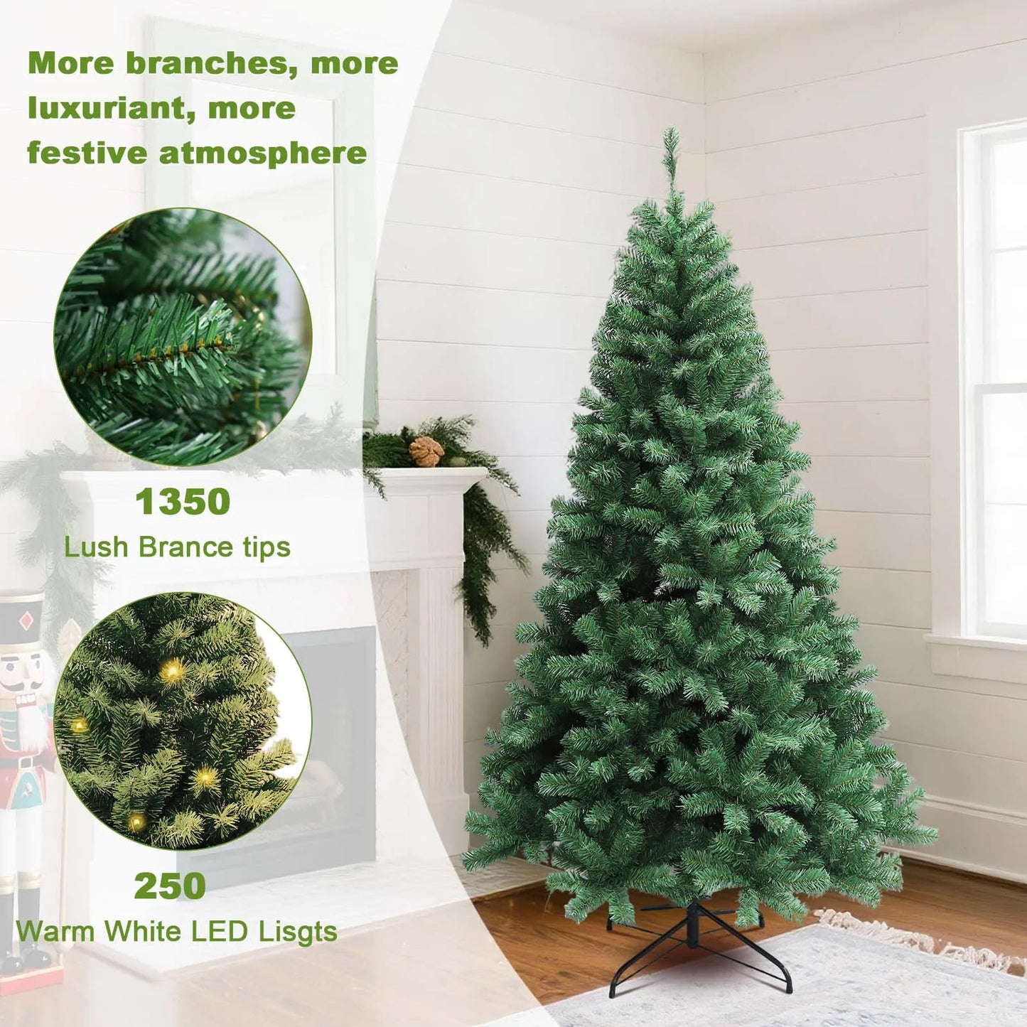 6-7ft Pre-Lit Christmas Tree, Artificial Hinged Xmas Tree With LED Lights, 8 Lighting Modes for Home Christmas Decoration