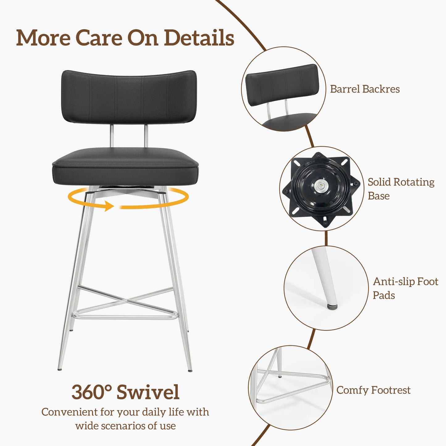 26" Swivel Barstools Set of 4, PU Leather Counter Height Bar Stools, Bar Chairs with Metal Footrest for Kitchen Island, Brown