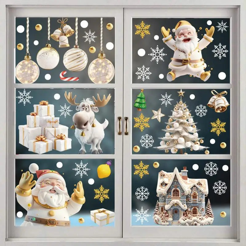 Christmas Window Clings Santa Claus Snowman Snowflake Stickers Reusable Double-Sided Static Waterproof Clings Christmas Decorati