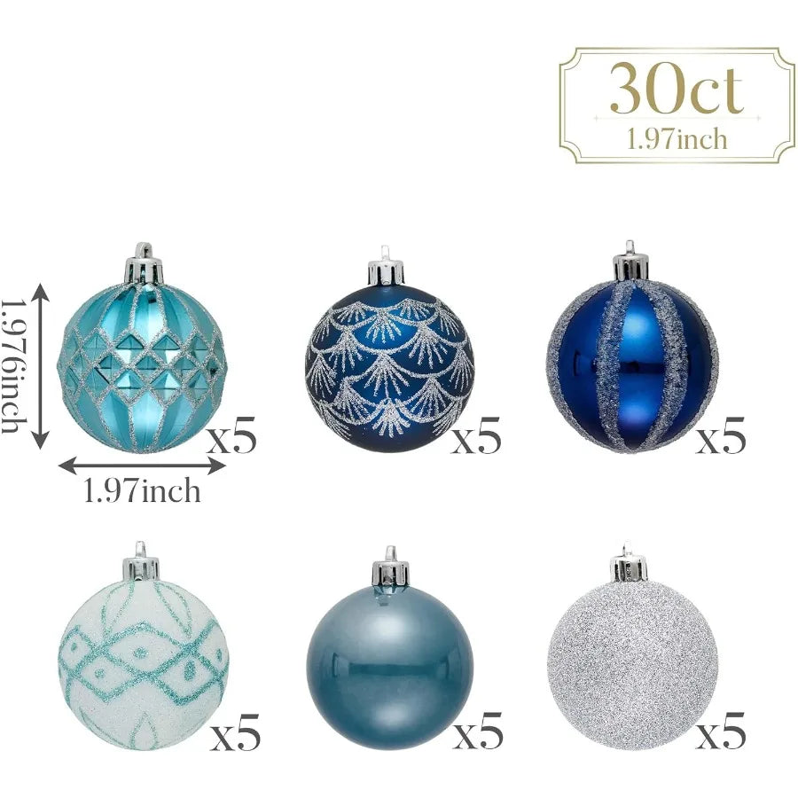 Elegant Shatterproof Christmas Tree Decorations Set with 30 Pieces 2 Inches Navy Blue and Silver Ornaments for Holiday Party an