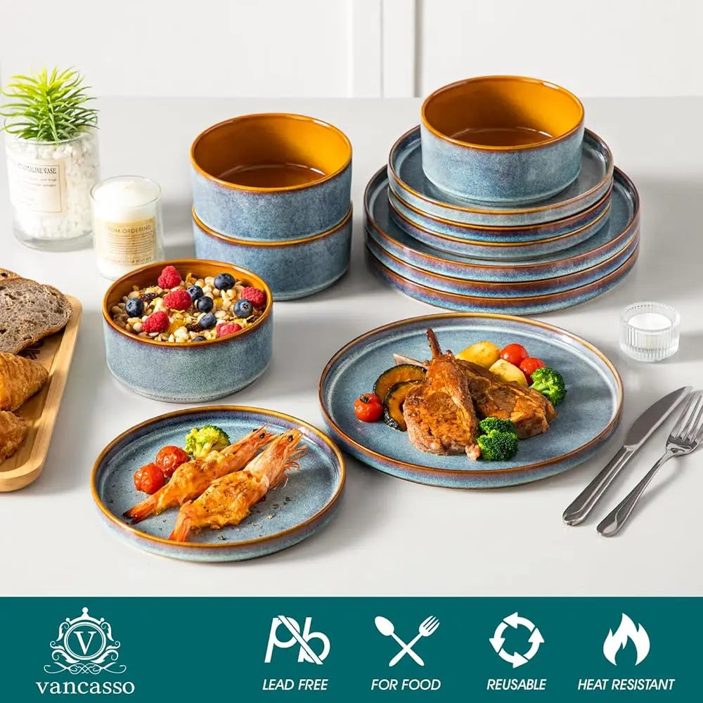 Onion Ceramic Plates And Bowls Sets, 12 Pieces Blue Dinnerware Sets For Kitchen, Reactive Glaze Dishes Set For 4, Dishwasher
