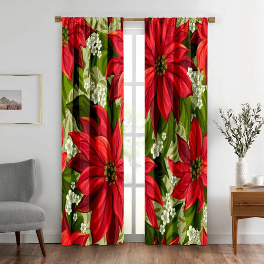 7-Day Delivery Christmas Curtain Red Christmas Wonderful Poinsettia Flower Victorian Pointsetta Rod Pocket Drapes 2 Panels