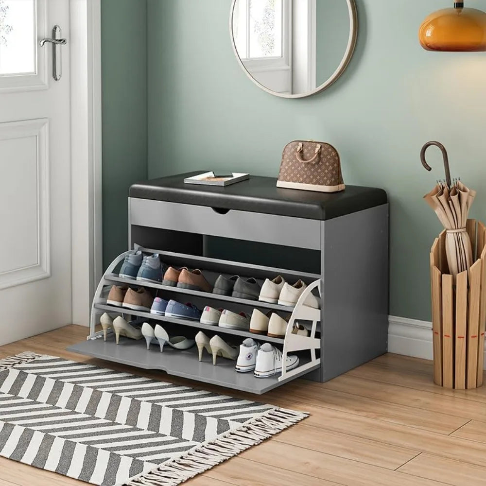 "Entryway Shoe Bench with 3-Tier Rack | Sitting Stool Cabinet for Shoe Storage | Multi-Function Wooden Organizer"