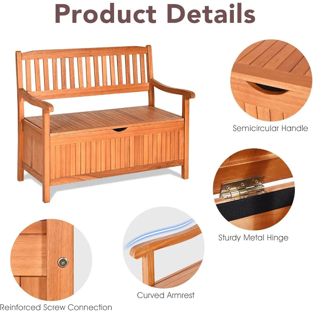 Safstar Outdoor Patio Bench with Storage Box, 33 Gallon Capacity, Wooden Frame, Eucalyptus Material, Natural Color, 42 x 23 x 35
