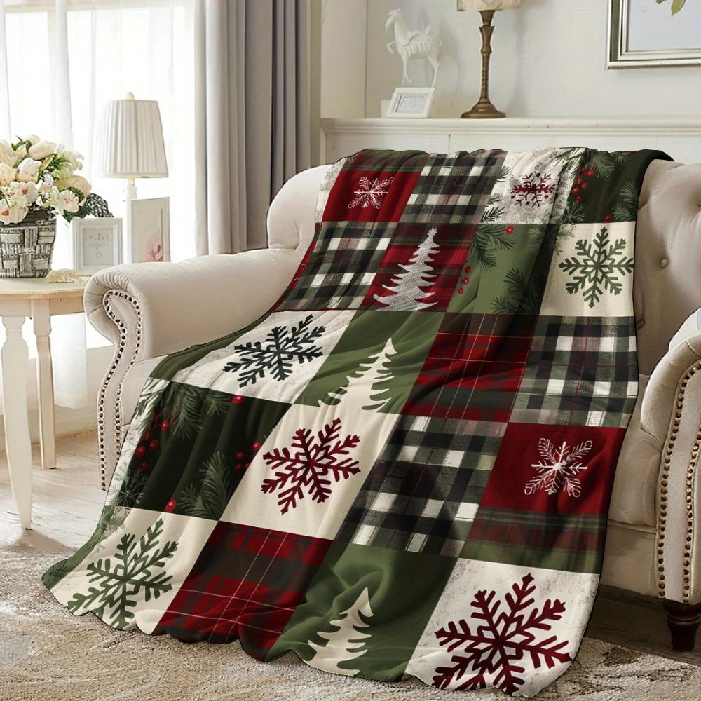 Cozy Christmas Blanket with Vintage Red Buffalo Check & Snowflake Design - Soft, Warm Flannel Throw for Naps, Camping, Travel