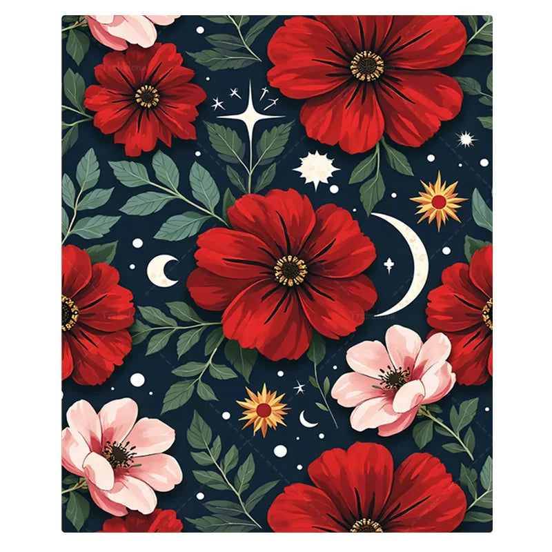 1pc Flannel Blanket "Boho Floral Blanket with Celestial Stars and Moons for Cozy Nights"