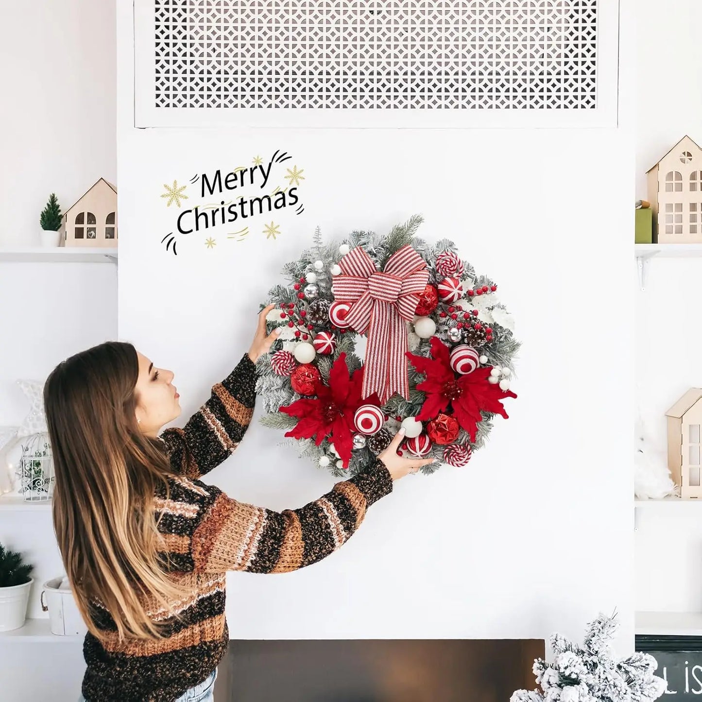 Pre-Lit Christmas Wreath for Front Door, 24 Inch Large Lighted Wreath with Xmas Balls, Christmas Wreath for Fireplace Window