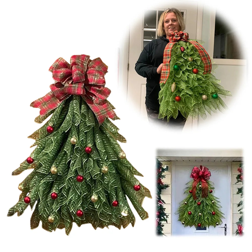 Handmade Christmas Tree Wreath with Bow & Ball Christmas Barb Christmas Wreath Flower Wreath Garland Front Door Decoration