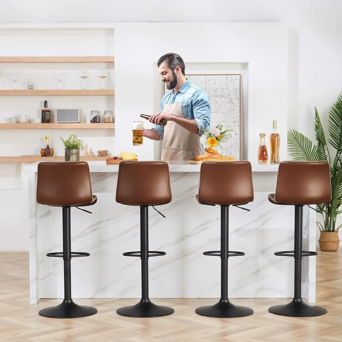 Swivel Bar Stools Set of 4, Counter Height  Stools with Back, Adjustable Stools 24" to 32", Brown Faux Leather Bar Chairs