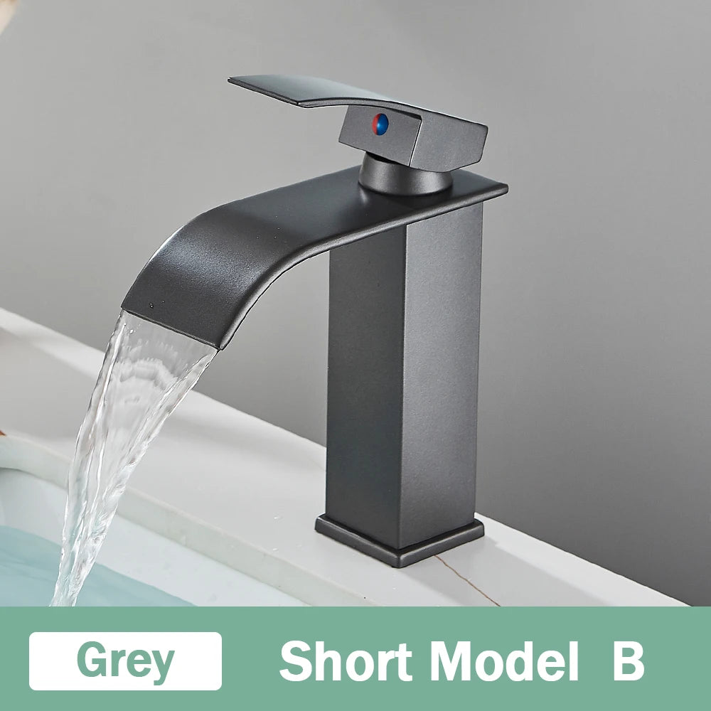 Rozin Matte Black Basin Faucet Deck Mounted Single Lever Bathroom Crane Waterfall Brass Bathroom Tap Hot Cold Water Mixer Taps