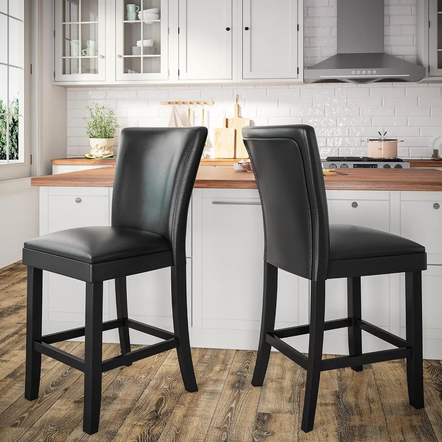 Counter Bar Stools Set of 2,24 inch Seat Height Faux Leather Kitchen Barstools with High Backrest,Armless Upholstered Bar Chairs