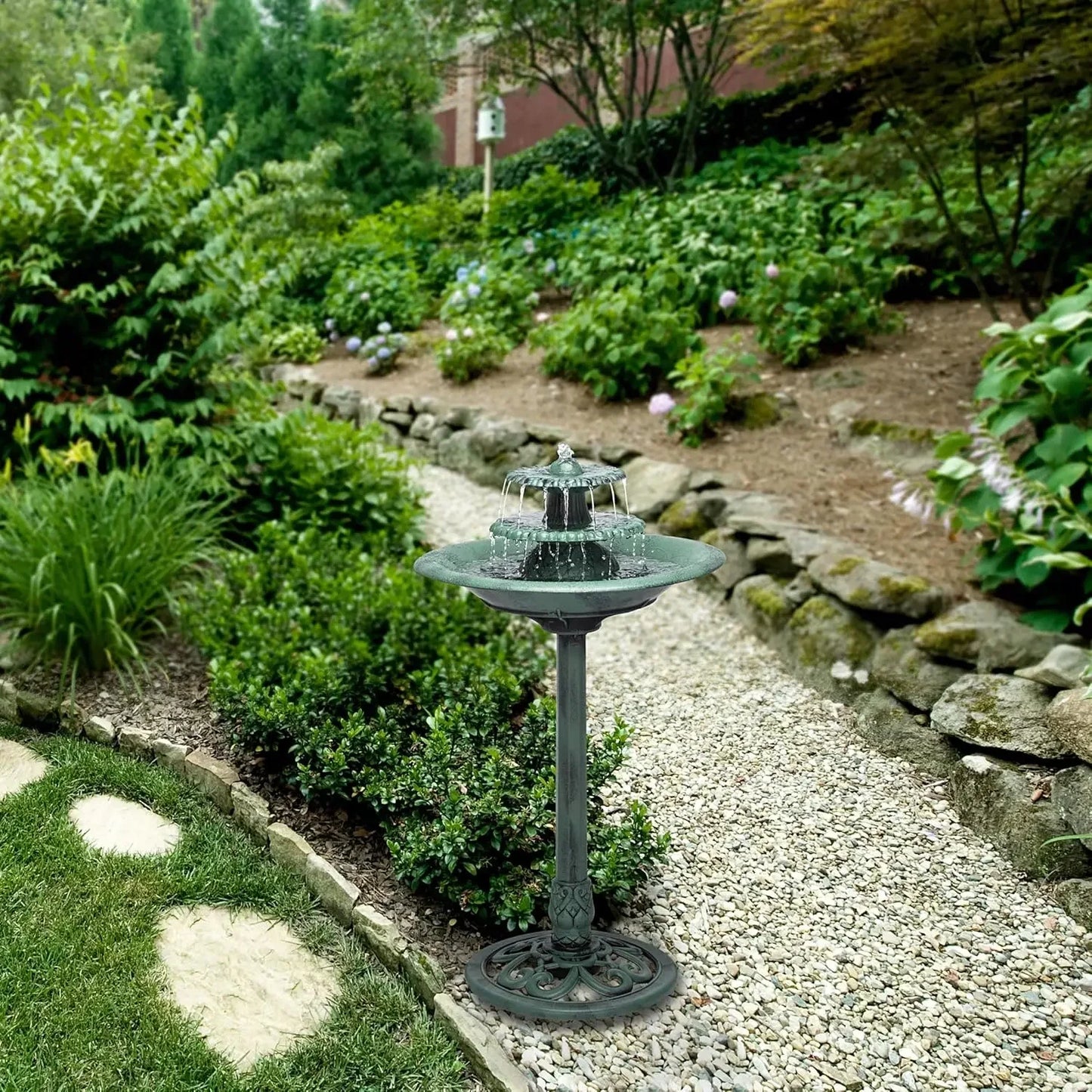 TEC106 Outdoor Floor 3-Tiered Pedestal Water Fountain and Birdbath, Pedestal Waterfall Fountain, 35", Green