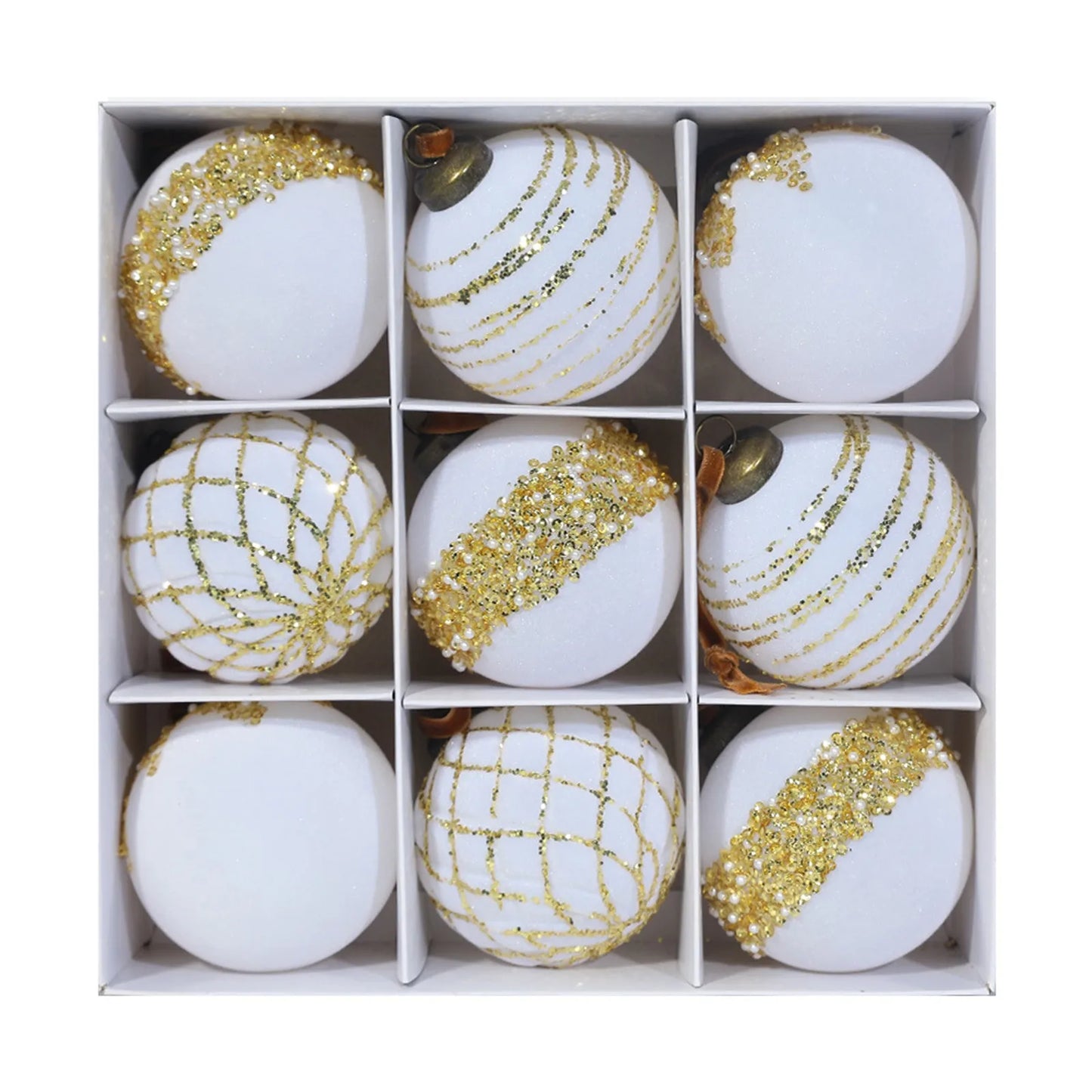 Christmas Ornament Red Gold Patterned Flocked Plastic 8cm 9pcs Christmas Tree Decor Festive Home Xmas Ball Set Accessory