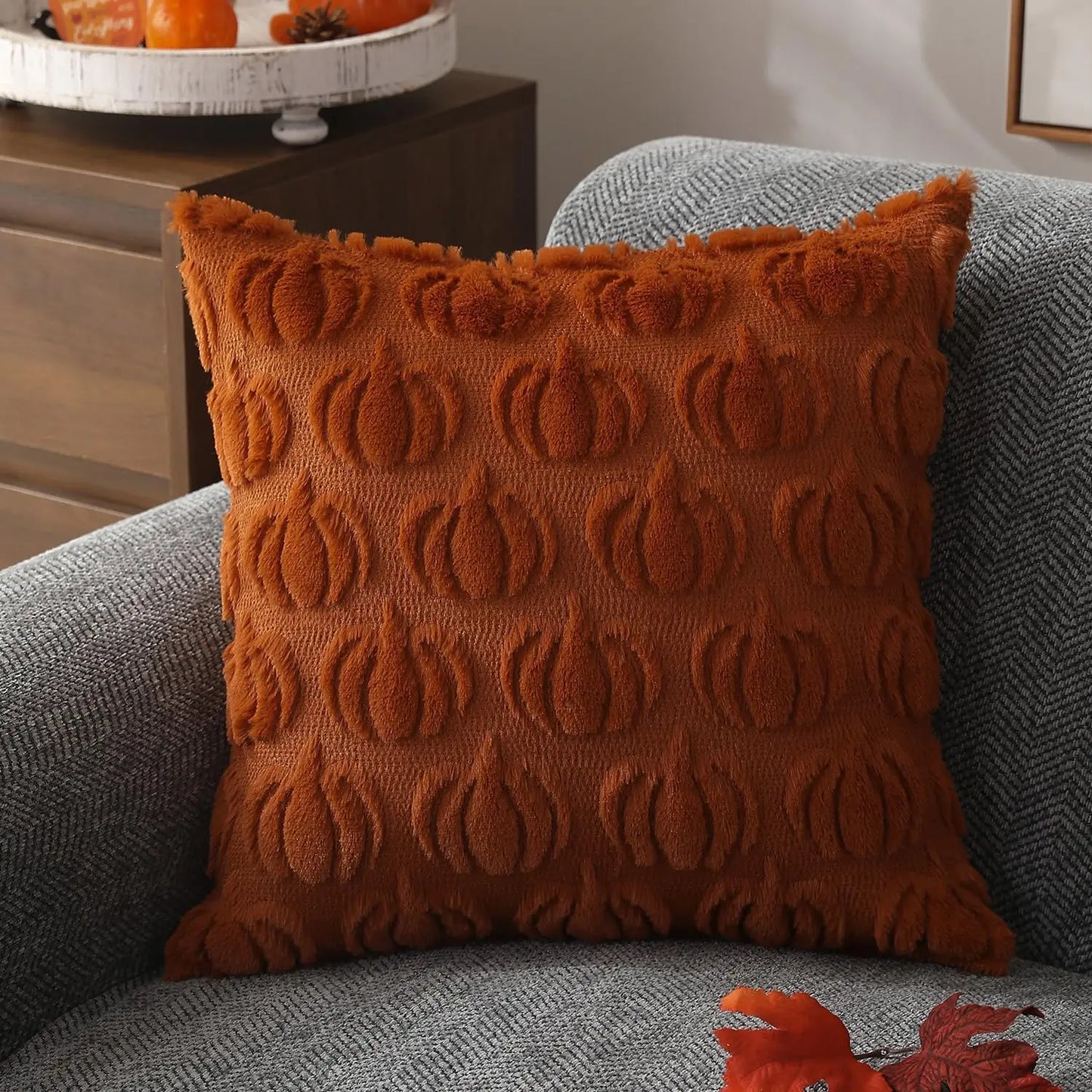 Fall Pillow Covers 18x18 Set of 2 Fall Decorations Autumn Rust Pumpkin Throw Pillow Cases Soft Plush Faux Fur Wool Couch Cushion