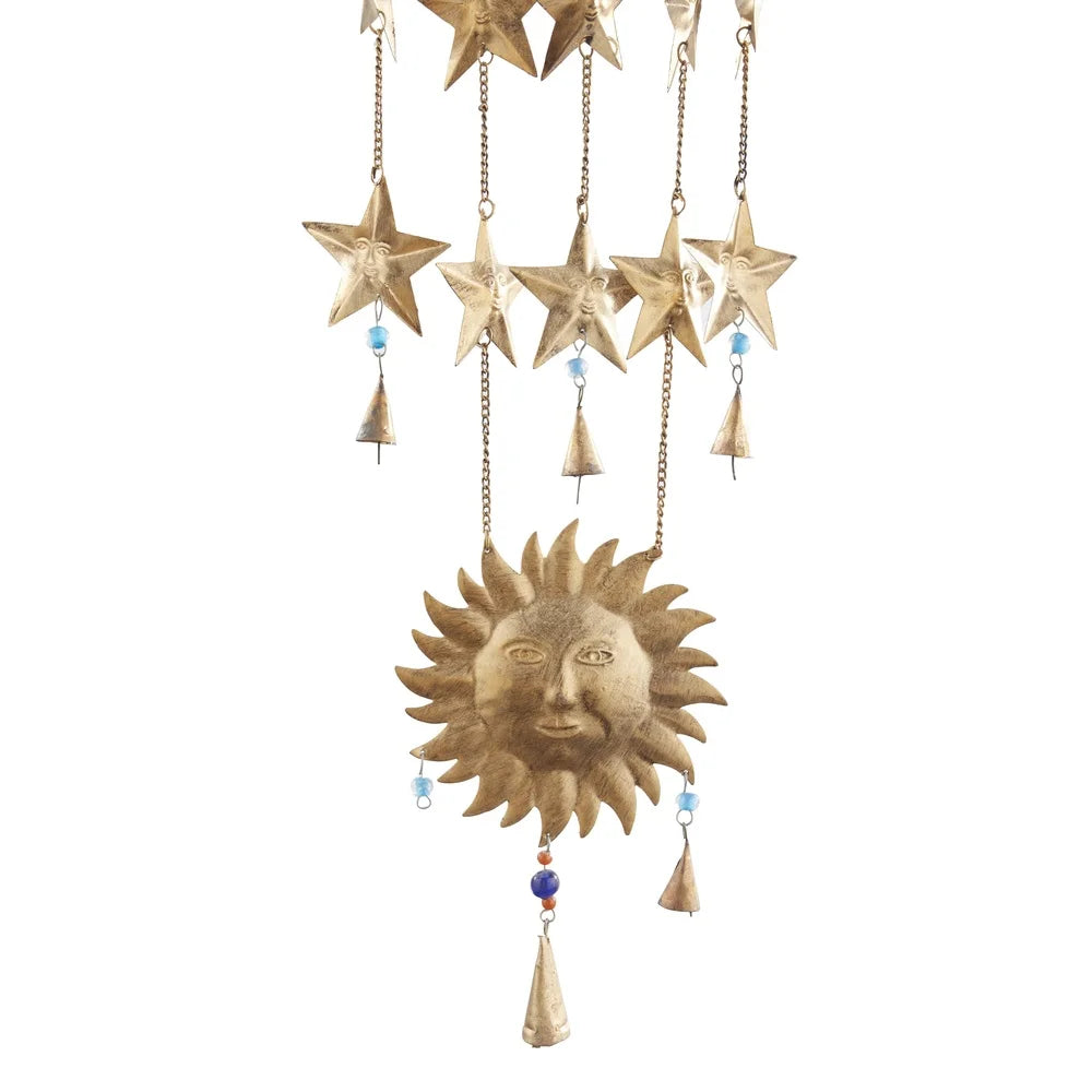 Gold Metal Windchime Bell with Moon Stars Sun Beads Indoor Hanging Decor 39 Inch Eclectic Gift Home Accent