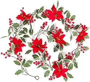 Christmas Garland 6.6Ft Artificial Christmas Garland, Pine Garland with Pine Cones, Red Berry, Red Flower Christmas Decoration f
