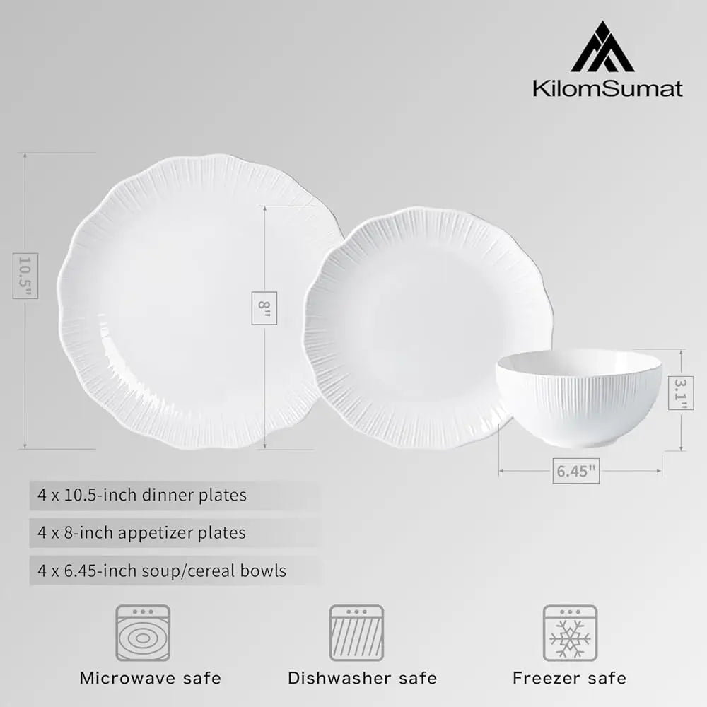 Porcelain Dinnerware Sets For 4, 12 Piece Plates And Bowls Set, Scratch-Resistant, Microwave & Dishwasher Safe Dishes, Kitchen