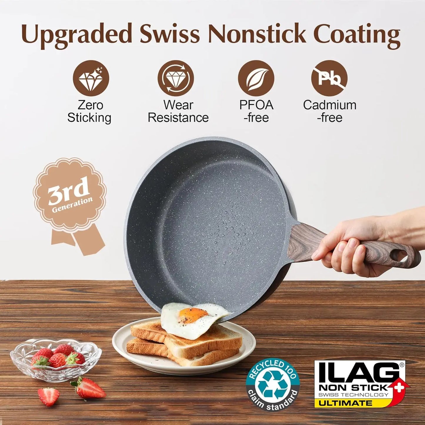 Nonstick Cookware Set 23-Piece, Non Stick Pots and Pans Set with Swiss Granite Coating, Healthy Kitchen Cooking Set, Stay-Cool H