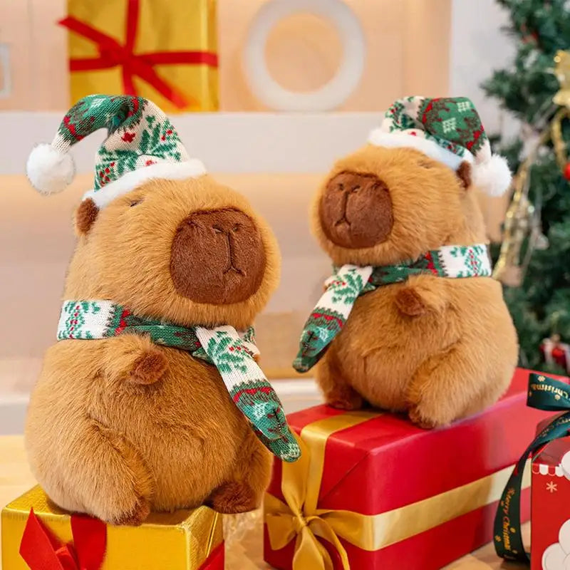 Christmas Capybara Plush Cute Animal Doll with Hat and Scarf Soft Sofa Pillow Collectible Toys Huggable Cartoon Stuffed Toy