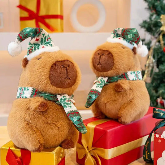 Christmas Capybara Plush Cute Animal Doll with Hat and Scarf Soft Sofa Pillow Collectible Toys Huggable Cartoon Stuffed Toy