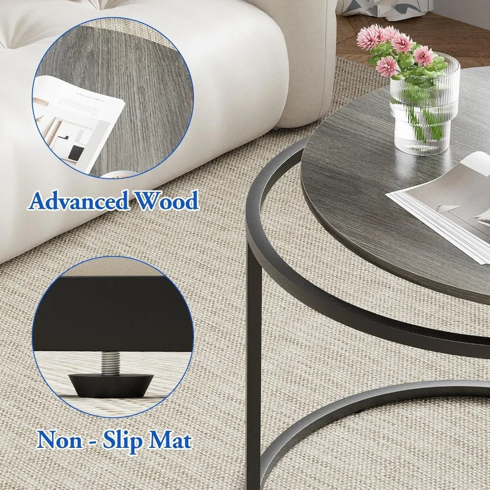 Nesting Coffee Table, 23.6" Round Coffee Table Set of 2, Wooden Nesting Table Set with Metal Frame, Side Tables for Living Room