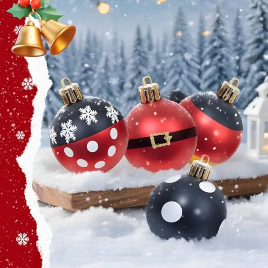 24 Pcs Christmas Ball Ornaments Set 2.36 Mouse Red Black Christmas Tree Decorations Plastic Shatterproof Hanging Baubles for Ho