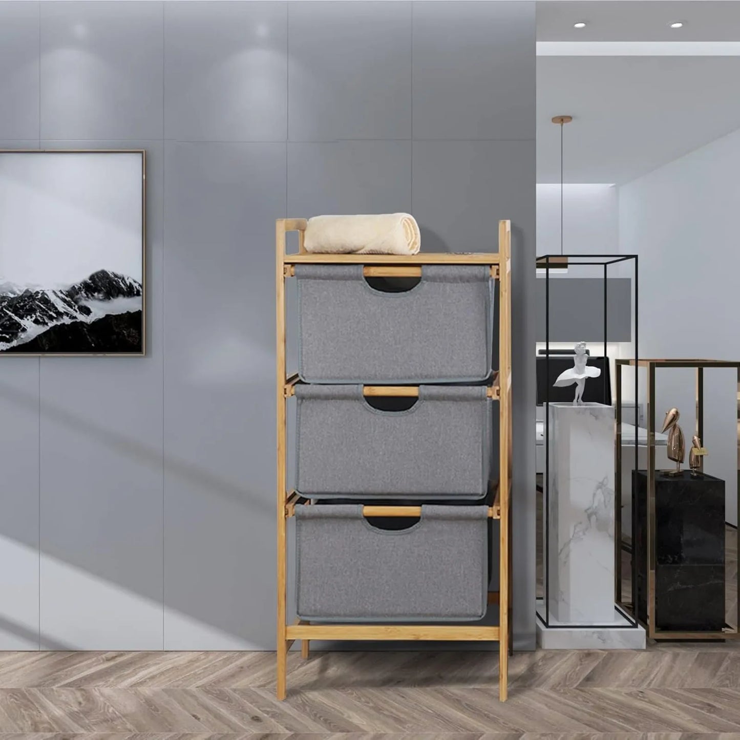 3 Tier Bamboo Laundry Hamper with Shelf, Pull-Out Sorter Basket Freestanding Storage Laundry Shelf for Bathroom Room Bedroom