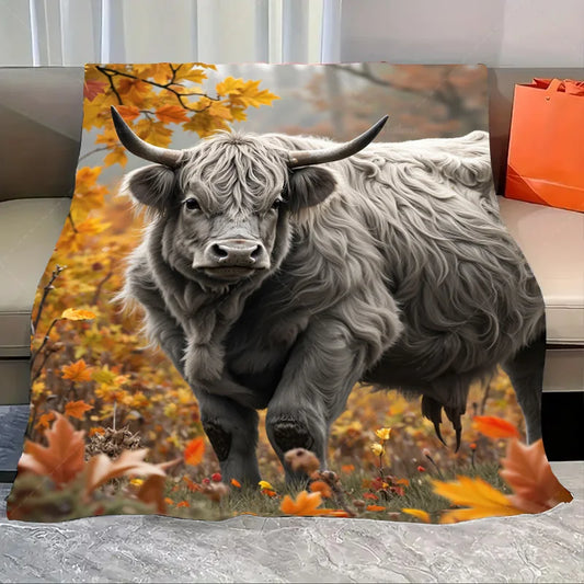 1pc Flannel Blanket Autumn Highland Cow Fleece Blanket - Cozy Fall Scene Throw