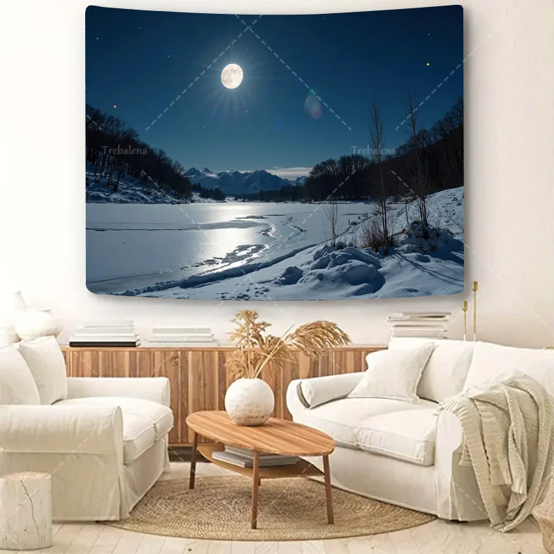1pc Wall Tapestry "Starry Night Snowscape Tapestry - Full Moon Over Winter Lake"