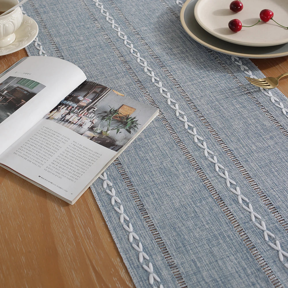 MACT Rustic Table Runner with Tassels Cotton Linen Embroidered Table Runners for Dining Table Decorations Holiday Party Wedding