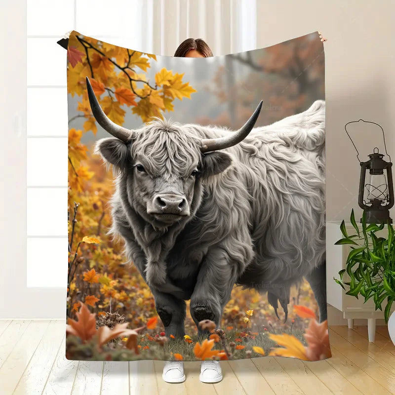 1pc Flannel Blanket Autumn Highland Cow Fleece Blanket - Cozy Fall Scene Throw