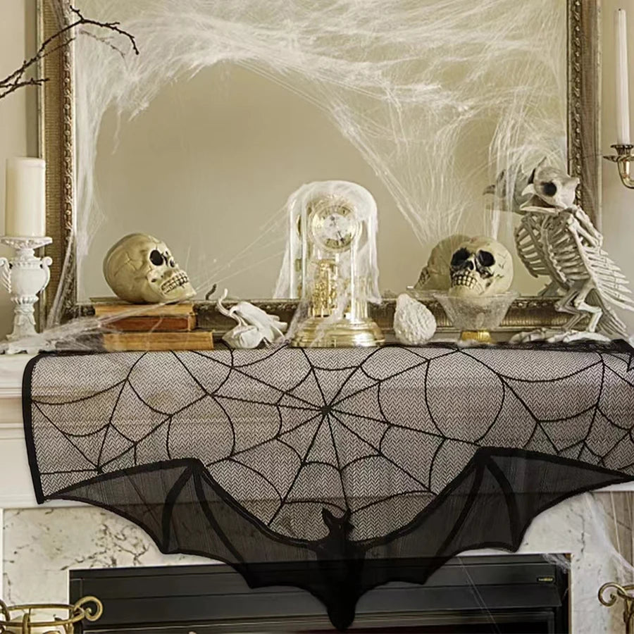 Halloween black bat lace curtains, spider web horror decoration for the living room mantelpiece tablecloth, home decoration