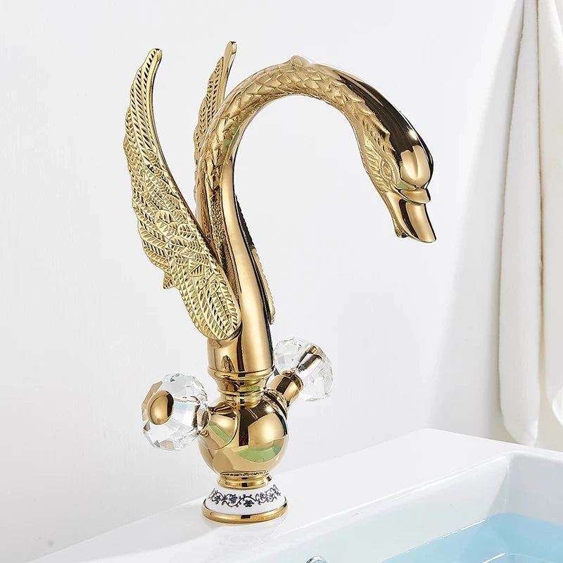 Wanmivezlo Luxury Europe Style Hot and Cold Water Basin Sink Faucet Deck Mounted Bathroom Faucet Gold Brass Crystal Handle