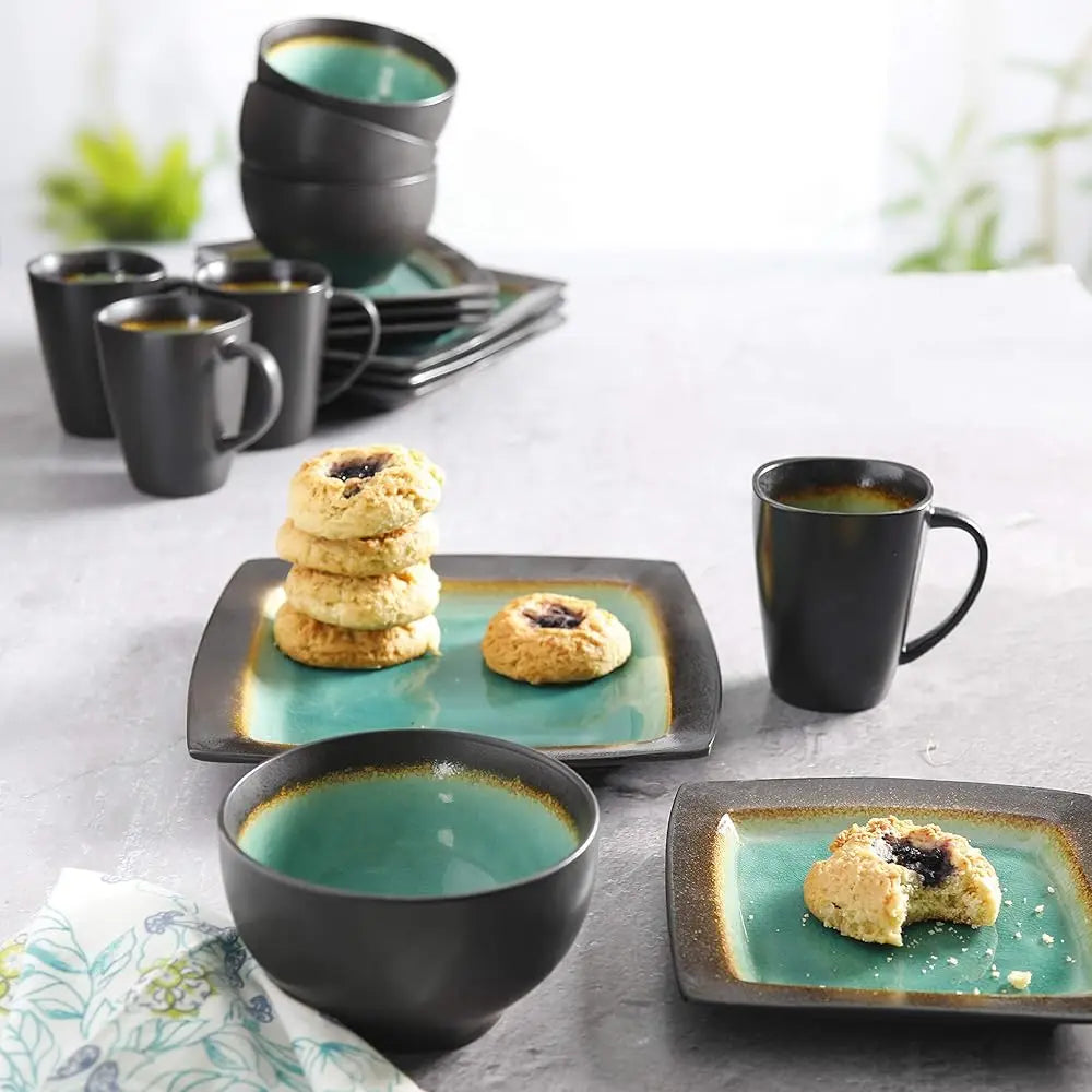 Ocean Paradise Square Reactive Glaze Stoneware Dinnerware Set, Service For 4 (16Pcs), Jade