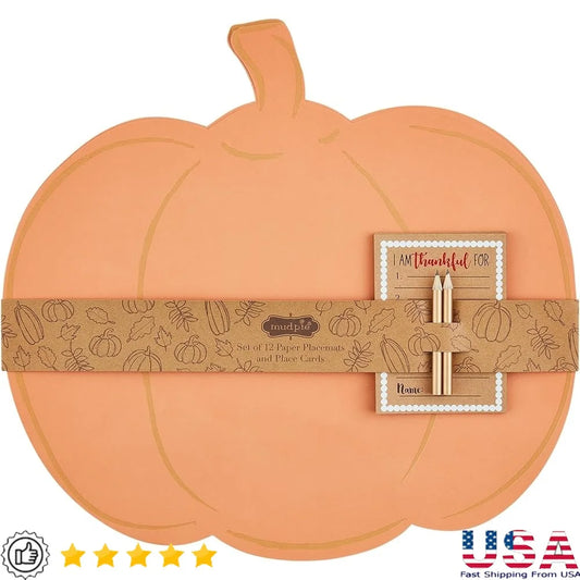 Thanksgiving Placemat Card Set 12 Pumpkin Paper Placemats 12 Fillable Kraft Cards 4 Mini Pencils Holiday Table Decor