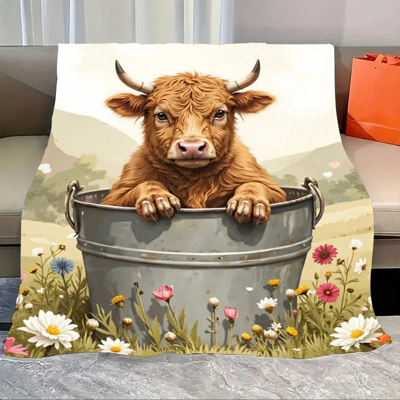 1pc Flannel Blanket Rustic Highland Cattle in Forest Scenic Blanket - Cozy Cabin Style Throw