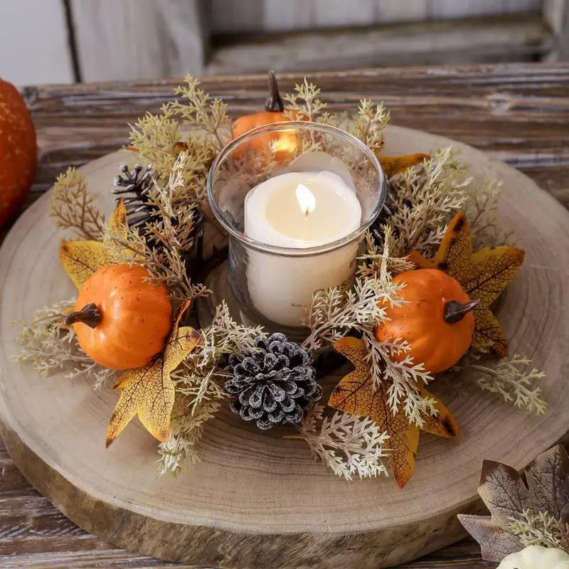 Fall Candle Ring 9.8Inch Maple Leaves Harvest Day Wreath Ring Holder Small Wreath Pillar Candle Holder Farmhouse Wreath Festival