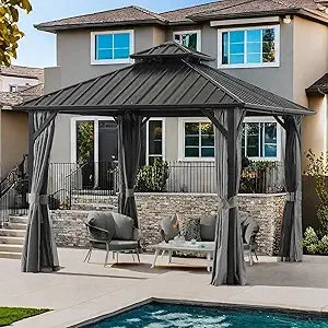 10 * 10FT Patic Gazebo with Steel Canopy,Outdoor Permanent Hardtop Gazebo Canopy for Patio, Garden, Backyard