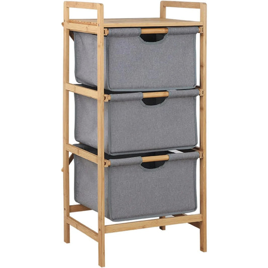 3 Tier Bamboo Laundry Hamper with Shelf, Pull-Out Sorter Basket Freestanding Storage Laundry Shelf for Bathroom Room Bedroom
