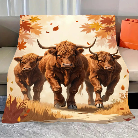 1pc Flannel Blanket Autumn Highland Cattle Blanket - Cozy Fall Farmhouse Style Throw