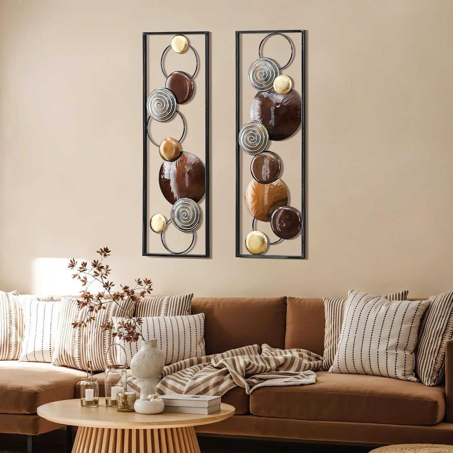 Metal Wall Art, 2 Pieces Abstract Wall Décor Brown Metal Decor, 36" x 12" Minimalist Sculptures Decor for Home
