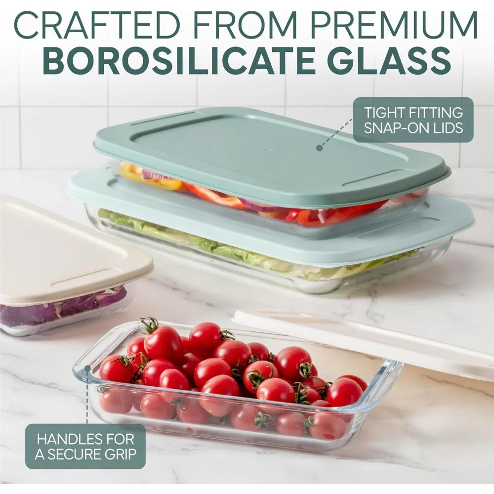 8-piece deep glass baking dish set with plastic lids – casserole and food storage containers for lasagna, leftovers – freezer-t