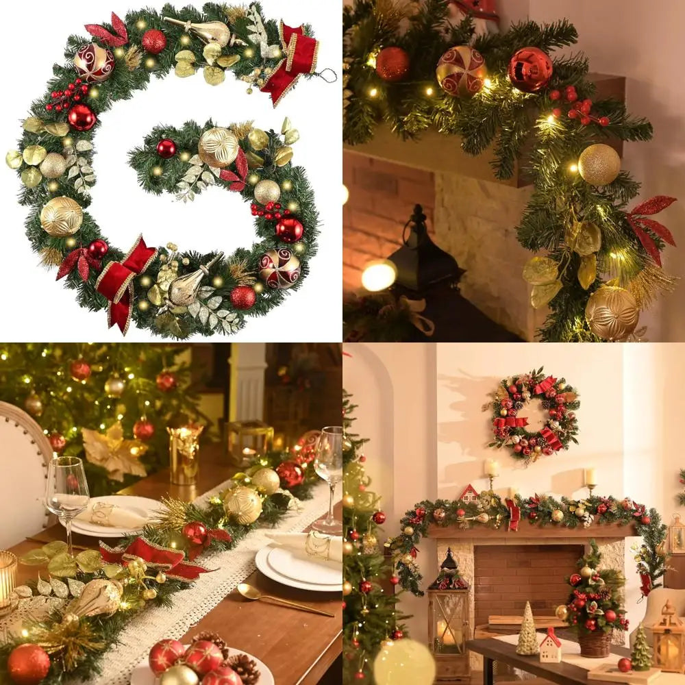 Illuminated Christmas Garland with Red and Gold Balls and Ribbons, 9 Feet Long for Mantle and Outdoor Holiday Decorations