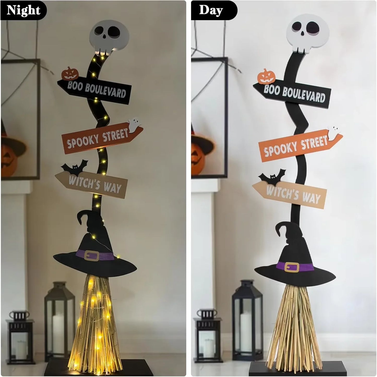 Lighted Halloween Wooden Witch Broom for Indoor Outdoor Porch Yard Decor Spooky Light up Halloween Witch Decorations Sign