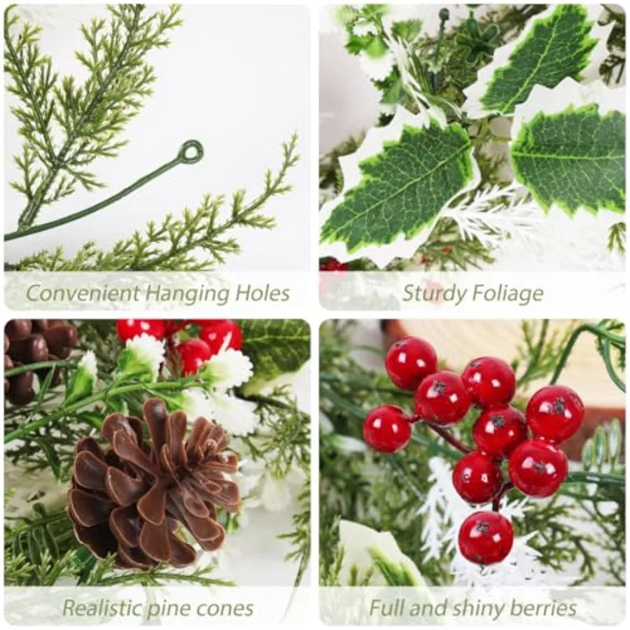 Artificial Christmas Garlands 2 PCS5.9FT Faux Hanging Winter Vines Red Berries Holly Leaves with Pine Cones Pine Needle Cedar G