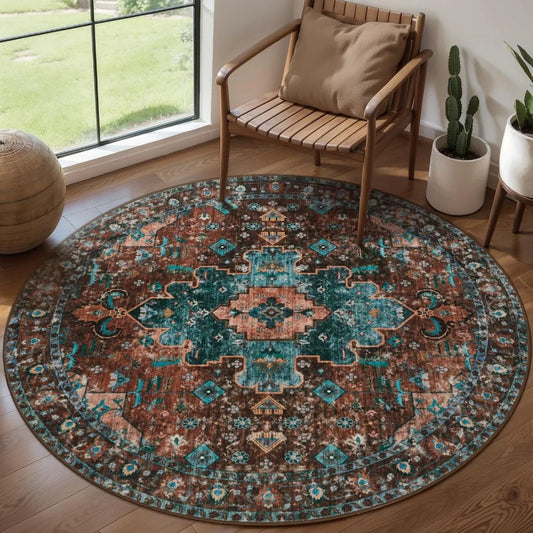 Ciicool Boho Area Rug 4x4ft Round Washable Bedroom Non-Slip Vintage Entryway Throw Low-Pile Indoor Carpet for Living Room Foyer(