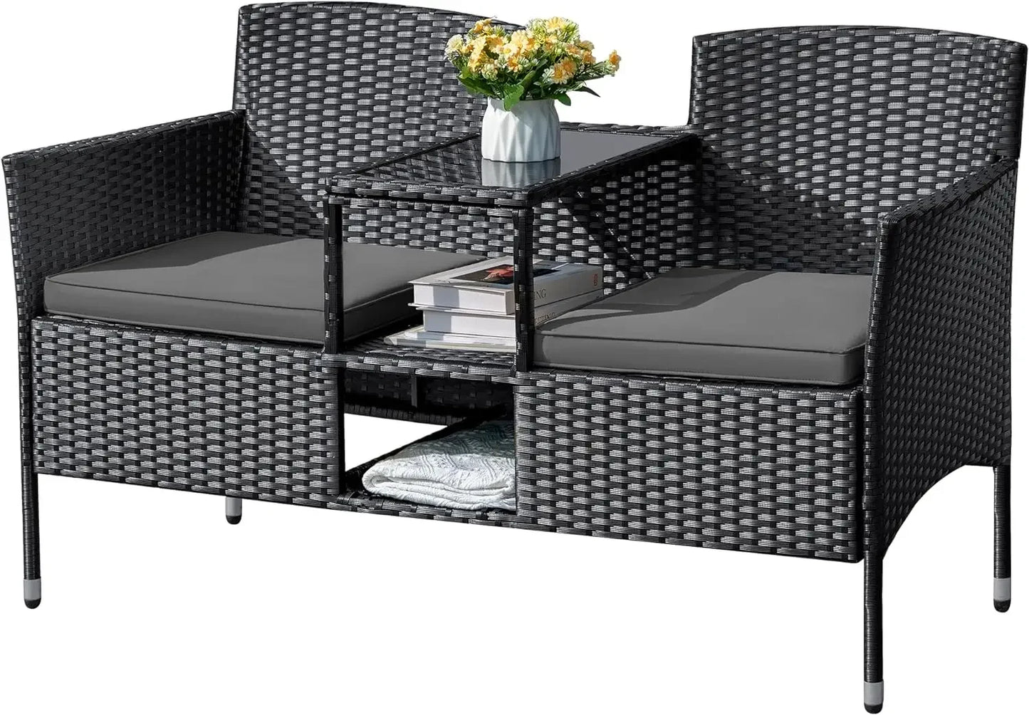 Outdoor Furniture Patio Loveseat Wicker Seat with Built-in Table and Cushions Rattan Porch Chairs Bench for Balcony, Lawn