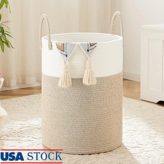 Woven Cotton Rope Laundry Basket Storage Hamper Dirty Clothes Toys Blankets Ideal Bathroom Baby Room Easy to Clean Collapsible